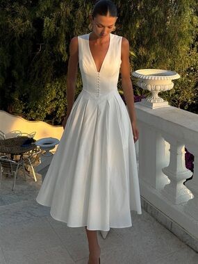 Meshki White V-Neck Pleated Midi Dress